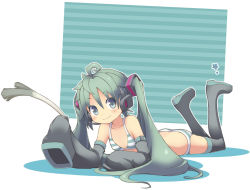 Rule 34 | 1girl, ahoge, blue striped panties, blush, boots, bra, detached sleeves, green eyes, green hair, hatsune miku, kuro (kuroneko no kanzume), long hair, long sleeves, lying, matching hair/eyes, on stomach, panties, sleeves past wrists, solo, spring onion, striped bra, striped clothes, striped panties, thigh boots, thighhighs, twintails, underwear, underwear only, vocaloid