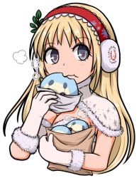 Rule 34 | 1girl, blonde hair, breasts, cleavage, closed mouth, earmuffs, eating, evelysse (star ocean), gloves, long hair, looking at viewer, simple background, snow white evelysse, solo, star ocean, star ocean anamnesis, tsukisso, white background, white gloves, winter clothes