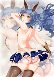 Rule 34 | 10s, 1girl, :o, animal ears, arm up, ass, ayasato karen, back, bare back, bare legs, bare shoulders, blue hair, blue skirt, blush, breasts, brown gloves, brown thighhighs, commentary request, cowboy shot, curly hair, detached collar, erune, ferry (granblue fantasy), floating hair, frilled gloves, frilled skirt, frills, gloves, granblue fantasy, highres, legs apart, long hair, miniskirt, open mouth, panties, pink panties, skirt, small breasts, solo, standing, thighhighs, tsurime, underwear, upskirt, very long hair, yellow eyes, zoom layer