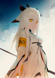 Rule 34 | 1girl, absurdres, animal ears, arknights, armband, blue sky, cloud, cloudy sky, day, dress, feather hair, highres, holding, holding staff, leiq, long sleeves, looking at viewer, medium hair, outdoors, owl ears, ptilopsis (arknights), ptilopsis (elite ii) (arknights), rhine lab logo, silver hair, sky, solo, staff, white dress, yellow eyes