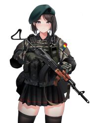 Rule 34 | 1girl, beret, black skirt, black thighhighs, brown eyes, brown hair, camouflage, camouflage jacket, expressionless, gloves, green gloves, green hat, green jacket, hat, highres, jacket, looking at viewer, military uniform, original, pm md 63/65, romanian flag, rynn (rynn cube), short hair, skirt, solo, thighhighs, thighs, uniform, zettai ryouiki