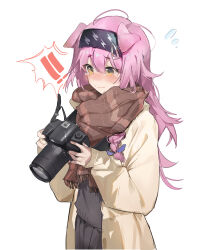 Rule 34 | !, !!, 1girl, absurdres, animal ears, arknights, black hairband, brown scarf, camera, cat ears, chinese commentary, coat, commentary, goldenglow (arknights), grey eyes, grey shirt, grey skirt, hair ornament, hairband, hairclip, highres, holding, holding camera, long hair, long sleeves, open clothes, open coat, pink hair, rui (woyoudabing rui), scarf, shirt, skirt, solo, upper body