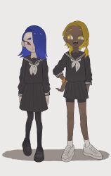 2girls bike_shorts_under_skirt blonde_hair blue_hair braid braided_sidelock bright_pupils dark-skinned_female dark_skin facing_viewer fangs frye_(splatoon) full_body grey_background hair_over_one_eye hand_on_own_hip humanization kokei_hakai looking_at_another multiple_girls nintendo open_mouth pleated_skirt red_eyes sailor_collar school_uniform scrunchie shiver_(splatoon) skirt smile splatoon_(series) splatoon_3 standing white_pupils wrist_scrunchie yellow_eyes