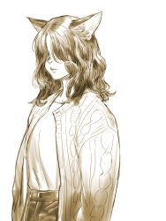 Rule 34 | 1girl, absurdres, animal ear fluff, animal ears, cardigan, cat ears, closed mouth, hair over eyes, highres, long hair, long sleeves, open cardigan, open clothes, original, shirt, simple background, solo, wavy hair, white background, yuccoshi