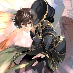 Rule 34 | armor, brown hair, fingerless gloves, gloves, granblue fantasy, male focus, multiple wings, naruse hirofumi, outstretched arm, red eyes, sandalphon (granblue fantasy), seraph, short hair, smile, solo, wings