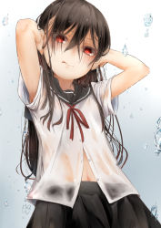 Rule 34 | 1girl, akino shuu, arms up, black hair, black sailor collar, black skirt, closed mouth, commentary request, gradient background, grey background, hair between eyes, highres, iroha kaede, long hair, navel, neck ribbon, original, pleated skirt, red eyes, red ribbon, ribbon, sailor collar, school uniform, see-through, serafuku, shirt, skirt, solo, tongue, tongue out, very long hair, water drop, wet, wet clothes, wet shirt, white background, white shirt