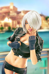 Rule 34 | 1girl, aaron page, angel (kof), blue eyes, breasts, chaps, cleavage, depth of field, eyelashes, fingerless gloves, gloves, hair over one eye, large breasts, licking lips, lipstick, looking at viewer, makeup, midriff, navel, nose, realistic, short hair, short shorts, shorts, silver hair, soft focus, solo, the king of fighters, tongue, tongue out, zipper