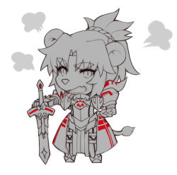 Rule 34 | 1girl, puff of air, animal ears, armor, armored dress, chibi, clarent (fate), fang, fate (series), full body, lion ears, lion tail, looking at viewer, mordred (fate), mordred (fate/apocrypha), open mouth, parted bangs, ponytail, scrunchie, solo, sword, tail, weapon, white background, yorukun