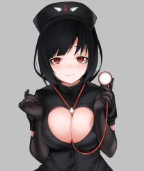 Rule 34 | 1girl, between breasts, black background, black gloves, black hair, black hat, blush, breasts, brown eyes, cleavage cutout, closed mouth, clothing cutout, commentary, gloves, hat, highres, holding, large breasts, nurse, nurse cap, ompf, original, short sleeves, smile, solo, stethoscope, upper body