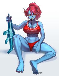 Rule 34 | 1girl, abs, absurdres, assault rifle, barefoot, bikini, blue eyes, blue skin, breasts, claws, cleavage, colored sclera, colored skin, feet, fins, full body, gills, grin, groin tendon, gun, hair between eyes, head fins, highres, holding, holding gun, holding weapon, large breasts, looking at viewer, monster girl, mouth hold, nail polish, navel, pgm300, ponytail, red bikini, red hair, rifle, sharp teeth, simple background, sitting, smile, solo, swimsuit, teeth, thighs, toenail polish, toenails, toes, undertale, undyne, weapon, whistle, white background, yellow sclera