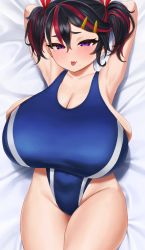 Rule 34 | 1girl, absurdres, armpits, arms behind head, black hair, breasts, competition swimsuit, deka (deka 4242), fang, ariduka formica, hair between eyes, hair ornament, hairclip, highres, huge breasts, large breasts, multicolored hair, one-piece swimsuit, oppai loli, presenting armpit, purple eyes, skin fang, streaked hair, swimsuit, tongue, tongue out, twintails, virtual ant channel, virtual youtuber