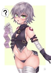 Rule 34 | 1girl, ?, arm belt, bandaged arm, bandages, bare shoulders, black panties, breasts, commentary request, condom, condom packet strip, condom wrapper, facial scar, fate/apocrypha, fate/grand order, fate (series), gloves, highres, holding, jack the ripper (fate/apocrypha), looking at viewer, lowleg, navel, open mouth, panties, scar, scar across eye, scar on cheek, scar on face, shiny skin, shoulder tattoo, shounan no tamasu, silver hair, single glove, small breasts, solo, speech bubble, spoken question mark, standing, tattoo, underwear