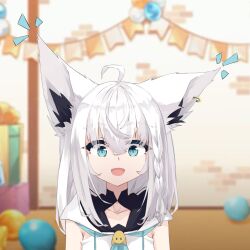 Rule 34 | 1girl, absurdres, ahoge, animal ear fluff, animal ears, blue neckerchief, blurry, blurry background, bookey, braid, collarbone, commentary request, earrings, fox ears, fox girl, green eyes, hair between eyes, highres, hololive, hood, hoodie, indoors, jewelry, long hair, looking at viewer, neckerchief, notice lines, open mouth, shirakami fubuki, shirakami fubuki (1st costume), sidelocks, single braid, solo, virtual youtuber, white hair, white hoodie