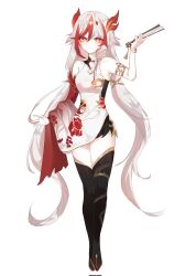 Rule 34 | 1girl, bare shoulders, black thighhighs, china dress, chinese clothes, dress, elbow gloves, eyeliner, fu hua, fu hua (garuda), full body, gloves, hair between eyes, hand fan, highres, holding, holding fan, honkai (series), honkai impact 3rd, light blush, long hair, looking at viewer, low-tied long hair, low twintails, makeup, multicolored hair, official alternate costume, red eyeliner, red eyes, red hair, red scales, side slit, simple background, single glove, sleeveless, sleeveless dress, smile, solo, streaked hair, symbol-shaped pupils, thighhighs, tttokhonkai, twintails, two-tone hair, white background, white dress, white hair, yellow pupils