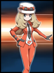 Rule 34 | 1girl, absurdres, alternate costume, arrow (symbol), black gloves, black necktie, blonde hair, closed mouth, collared shirt, creatures (company), dialogue box, eyelashes, game freak, gloves, grey eyes, hand on own hip, hat, highres, jacket, long hair, long sleeves, necktie, nintendo, open clothes, open jacket, orange-framed eyewear, orange jacket, orange pants, pants, poke ball symbol, pokemon, pokemon xy, serena (pokemon), shabana may, shirt, smile, solo, split mouth, team flare, team flare uniform, trainer wants to battle, white hat, white shirt