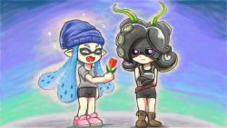 Rule 34 | 2girls, bike shorts, blush, child, closed eyes, fang, flower, hat, inkling player character, multiple girls, nintendo, open mouth, pointy ears, splatoon (series), takamame, tongue