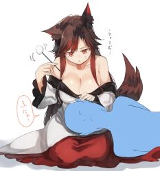Rule 34 | 1boy, 1girl, animal ears, bad id, bad pixiv id, bare shoulders, breasts, brown hair, cleavage, collarbone, commentary request, dress, hand up, holding, imaizumi kagerou, lap pillow, large breasts, long hair, long sleeves, lying, mimikaki, off-shoulder dress, off shoulder, on side, parted lips, red eyes, seiza, sidelocks, simple background, sitting, suminagashi, sweat, sweatdrop, tail, touhou, translation request, very long hair, white background, wide sleeves, wolf ears, wolf tail