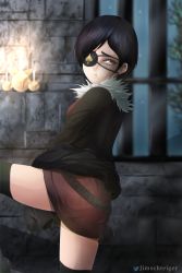 Rule 34 | 1girl, absurdres, ass, black clover, black hair, candle, coat, eyepatch, female focus, fur trim, highres, jimschteiger, leg up, looking back, loose clothes, pout, puffy cheeks, red eyes, shadow, short hair, solo, standing, standing on one leg, thighs, vanica zogratis, watermark, window