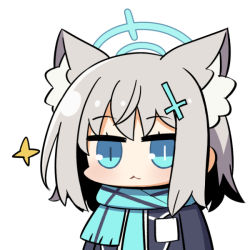 Rule 34 | 1girl, :3, animal ear fluff, animal ears, blue archive, blue eyes, blue scarf, blush, chibi, closed mouth, commentary request, cross hair ornament, grey hair, hair ornament, halo, looking at viewer, medium hair, mismatched pupils, plover, portrait, profile, scarf, shiroko (blue archive), sidelocks, simple background, solo, star (symbol), upper body, white background