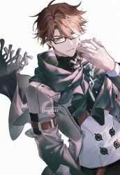 Rule 34 | 1boy, artist name, belt, brown belt, brown hair, commentary, darkavey, english commentary, glasses, honkai: star rail, honkai (series), looking at viewer, male focus, multicolored hair, parted bangs, scarf, shirt, short hair, simple background, solo, streaked hair, welt yang, white background, white shirt
