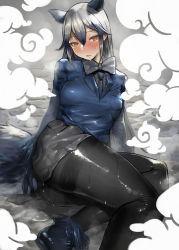 Rule 34 | 10s, 1girl, animal ears, black pantyhose, blouse, blue jacket, blue necktie, blush, bow, bowtie, breasts, cloud, fox ears, fox tail, grey shirt, hair between eyes, hair flaps, jacket, japari symbol, kemono friends, lips, long hair, looking at viewer, lying, medium breasts, miniskirt, necktie, on side, pantyhose, parted lips, shiny clothes, shirt, silver fox (kemono friends), silver hair, skirt, solo, steam, sweatdrop, tail, thick thighs, thighband pantyhose, thighs, water drop, wet, wet clothes, yellow eyes, yomu (sgt epper)