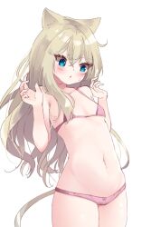 Rule 34 | 1girl, animal ears, bikini, blonde hair, blue eyes, breasts, cat ears, cat girl, cat tail, hamaru (s5625t), highres, long hair, navel, original, pink bikini, simple background, small breasts, solo, stomach, sweat, swimsuit, tail, white background