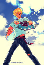Rule 34 | 1boy, artist name, backlighting, belt, blonde hair, blue sky, brown eyes, card, cloud, cloudy sky, commentary request, dated commentary, denim, duel disk, hair between eyes, jeans, jewelry, jonouchi katsuya, kemopoko25, looking ahead, male focus, navel, necklace, pants, ring, serious, shirt, short hair, sky, solo, standing, sunlight, t-shirt, torn clothes, torn jeans, torn pants, wind, wind lift, yu-gi-oh!, yu-gi-oh! duel monsters
