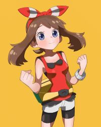 Rule 34 | 1girl, baeming, bike shorts, bike shorts under shorts, blush, bow hairband, bracelet, brown hair, clenched hands, closed mouth, commentary request, cowboy shot, creatures (company), eyelashes, fanny pack, game freak, hairband, hands up, highres, jewelry, korean commentary, may (pokemon), nintendo, pokemon, pokemon oras, shirt, short shorts, shorts, sleeveless, sleeveless shirt, smile, solo, white shorts, yellow background, yellow bag