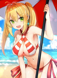 Rule 34 | 1girl, ahoge, armpits, bad id, bad pixiv id, beach, beach umbrella, bikini, blonde hair, blue sky, breasts, cleavage, cloud, cloudy sky, collarbone, criss-cross halter, day, earrings, fate/grand order, fate (series), green eyes, hair between eyes, hair intakes, halterneck, holding, holding umbrella, jewelry, large breasts, leaning forward, long hair, looking at viewer, looking to the side, luse maonang, navel, nero claudius (fate), nero claudius (fate) (all), nero claudius (swimsuit caster) (fate), ocean, open mouth, outdoors, red bikini, revision, shade, side-tie bikini bottom, sidelocks, sky, smile, solo, striped bikini, striped clothes, swimsuit, teeth, thighs, twintails, umbrella, white bikini