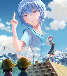 Rule 34 | 1boy, 2girls, age difference, ayanami rei, bare tree, black socks, blue hair, blue skirt, blue sky, blush, bow, bowtie, breasts, brown hair, building, bush, chuunibyou, cityscape, climbing wall, cloud, collared shirt, commentary, cumulonimbus cloud, day, dress shirt, film grain, foliage, from behind, from below, hand up, height difference, highres, house, kindergarten uniform, light blush, light smile, looking afar, looking ahead, looking at another, medium breasts, multiple girls, neck ribbon, neon genesis evangelion, outdoors, parted lips, playground, pleated skirt, power lines, red bow, red bowtie, red eyes, red ribbon, ribbon, salute, school uniform, shirt, short hair, short sleeves, skirt, sky, smile, socks, standing, tokyo-3 middle school uniform, tree, two-finger salute, utility pole, white shirt, yahha, zoom layer
