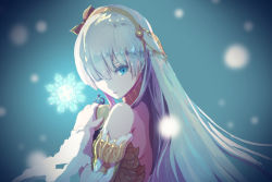 Rule 34 | 1girl, anastasia (fate), bad id, bad pixiv id, bare shoulders, blue eyes, blurry, blurry background, brown hairband, commentary request, crown, depth of field, dress, fate/grand order, fate (series), hair over one eye, hairband, head tilt, holding, light brown hair, long hair, looking at viewer, looking to the side, mini crown, minyom, silver hair, snowflakes, solo, strapless, strapless dress, upper body, very long hair, white dress