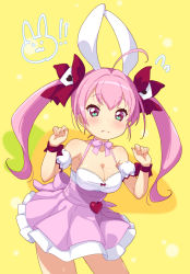 Rule 34 | 1girl, ahoge, animal ears, bare shoulders, blush, bow, breasts, cleavage, closed mouth, collarbone, commentary, detached sleeves, dice hair ornament, flying sweatdrops, frilled skirt, frills, hair between eyes, hair ornament, hair ribbon, hands up, heart, jigatei (omijin), leaning forward, long hair, looking at viewer, medium breasts, original, pink bow, pink hair, pink skirt, pleated skirt, puffy short sleeves, puffy sleeves, purple eyes, rabbit ears, red ribbon, ribbon, short sleeves, sidelocks, skirt, solo, standing, symbol-only commentary, twintails, very long hair, white sleeves, yellow background