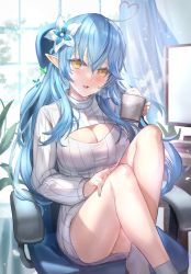 Rule 34 | 1girl, ahoge, bare legs, blue hair, blue nails, blush, breasts, cleavage, cleavage cutout, clothing cutout, commentary request, cup, daifuku (yukihana lamy), dress, elf, flower, hair between eyes, hair flower, hair ornament, half updo, heart, heart ahoge, himonoata, holding, holding cup, hololive, knees up, large breasts, long hair, long sleeves, looking at viewer, monitor, multicolored hair, nail polish, no shoes, parted lips, pointy ears, sitting, smile, socks, solo, steam, streaked hair, sweater, sweater dress, virtual youtuber, white flower, white sweater, yellow eyes, yukihana lamy