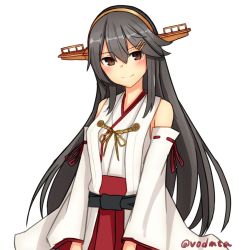 Rule 34 | 10s, black hair, brown eyes, detached sleeves, hair ornament, hairband, hairclip, haruna (kancolle), highres, japanese clothes, kantai collection, long hair, nontraditional miko, ribbon-trimmed sleeves, ribbon trim, simple background, skirt, solo, twitter username, white background, wide sleeves, yuubokumin