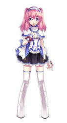 Rule 34 | 1girl, agarest senki, agarest senki (series), agarest senki 2, blush, boots, bow, capelet, detached sleeves, elf, fantasy, fiona (agarest senki), flat chest, frills, hairband, hirano katsuyuki, lowres, official art, pink hair, pleated skirt, pointy ears, purple eyes, ribbon, simple background, skirt, smile, solo, standing, thigh boots, thighhighs, twintails, white thighhighs, zettai ryouiki
