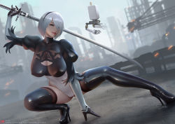 Rule 34 | 1girl, 2b (nier:automata), boots, breasts, cleavage cutout, clothing cutout, commentary request, hair over one eye, heattech leotard, high heel boots, high heels, highleg, highleg leotard, impossible clothes, juliet sleeves, large breasts, latex, latex boots, latex legwear, latex leotard, leotard, long sleeves, looking at viewer, mixed-language commentary, nier:automata, nier (series), parted lips, pod (nier:automata), puffy sleeves, sade abyss, shiny clothes, signature, skin tight, superhero landing, sword, thigh boots, turtleneck, weapon, white hair, white leotard