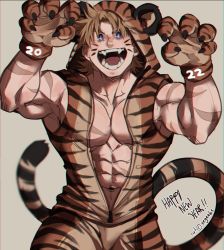Rule 34 | 1boy, 2022, abs, addy (@vegeebs), animal hands, blue eyes, boku no hero academia, chinese zodiac, costume, facial mark, fangs, gloves, happy new year, highres, hood, hood up, male focus, messy hair, multiple scars, muscular, muscular male, navel, new year, onesie, open mouth, paw gloves, paw pose, pectoral cleavage, pectorals, scar, scar on arm, scar on chest, short hair, skin tight, sleeveless, solo, straight-on, tail, togata mirio, twitter username, whisker markings, year of the tiger, yellow eyes