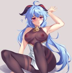 Rule 34 | 1girl, ?, absurdres, ahoge, armpits, bare shoulders, bell, black bodysuit, blue hair, bodysuit, brown leotard, closed mouth, cowbell, ganyu (genshin impact), genshin impact, goat horns, highres, horns, leotard, leotard under clothes, looking at viewer, melusmelon, nipples, purple eyes, see-through, simple background, solo