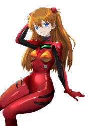 Rule 34 | 1girl, absurdres, artist request, blue eyes, bodysuit, breasts, brown hair, closed mouth, cowboy shot, curvy, hair between eyes, hand in own hair, highres, interface headset, legs together, looking at viewer, multicolored bodysuit, multicolored clothes, neon genesis evangelion, pilot suit, plugsuit, red bodysuit, shiny clothes, simple background, sitting, smile, solo, souryuu asuka langley, two side up, white background, wide hips