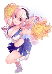 Rule 34 | 1girl, arms up, asaoka (0x0), bare shoulders, blue skirt, blush, breasts, cheerleader, cleavage, collarbone, crop top, front-tie top, hair between eyes, headphones, highres, holding, large breasts, leg up, leg warmers, long hair, looking at viewer, navel, nitroplus, pink hair, pom pom (cheerleading), red eyes, ribbon, shirt, shoes, skirt, sleeveless, sleeveless shirt, solo, sparkle, standing, standing on one leg, star (symbol), starry background, stomach, super sonico, thighs, white footwear, white ribbon, white shirt