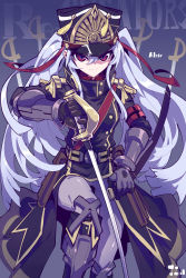 Rule 34 | 1girl, absurdres, altair (re:creators), belt, black coat, blue background, boots, character name, chinese commentary, coat, commentary request, copyright name, english text, full body, gauntlets, grey footwear, grey pants, hat, hat ribbon, highres, holding, holding sword, holding weapon, imazawa, looking at viewer, military, military uniform, pants, pouch, re:creators, red eyes, red ribbon, ribbon, saber (weapon), shako cap, sheath, signature, simple background, smile, solo, sword, tagme, uniform, weapon