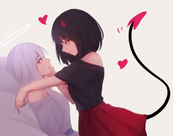 Rule 34 | 2girls, angel and devil, bare shoulders, black hair, black shirt, blue eyes, closed mouth, demon girl, demon tail, dress, eye contact, halo, hand on another&#039;s cheek, hand on another&#039;s face, heart, highres, horns, long hair, looking at another, medium hair, multiple girls, off-shoulder shirt, off shoulder, original, parted lips, profile, red skirt, shimmer, shirt, shirt tucked in, short sleeves, skirt, tail, tail raised, white dress, yuri