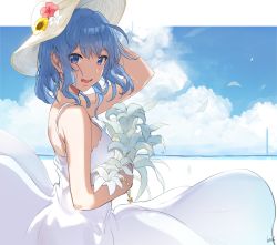 Rule 34 | 1girl, bare shoulders, blue eyes, blue hair, blue sky, bouquet, breasts, cloud, dress, flower, hair down, hat, hews, hololive, horizon, hoshimachi suisei, lily (flower), looking at viewer, open mouth, sky, sleeveless, sleeveless dress, small breasts, smile, solo, sun hat, sundress, virtual youtuber