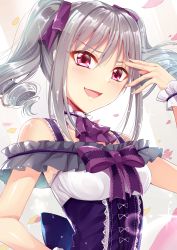 Rule 34 | 1girl, :d, absurdres, ascot, black bow, bow, bowtie, breasts, choker, floating hair, gu li, hair between eyes, hair ribbon, hand on own hip, highres, idolmaster, idolmaster cinderella girls, kanzaki ranko, long hair, looking at viewer, open mouth, purple bow, purple neckwear, purple ribbon, red eyes, ribbon, silver hair, sleeveless, small breasts, smile, solo, sparkle, twintails, upper body, wrist cuffs