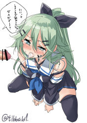 Rule 34 | 1boy, 1girl, after fellatio, bar censor, black bow, black skirt, black thighhighs, blue eyes, blue neckerchief, blush, bow, censored, commentary request, cowboy shot, cropped legs, cum, cum in mouth, cum string, detached sleeves, ebifurya, erection, green hair, hair between eyes, hair bow, hair ornament, hairclip, hetero, highres, kantai collection, long hair, long sleeves, neckerchief, open mouth, penis, school uniform, serafuku, simple background, skirt, speech bubble, sweat, tears, thighhighs, tongue, tongue out, translation request, twitter username, white background, yamakaze (kancolle), zettai ryouiki