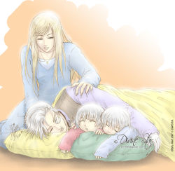 Rule 34 | 1girl, 3boys, blanket, blonde hair, brothers, capcom, dante (devil may cry), devil may cry (series), eva (devil may cry), family, father and son, mother and son, multiple boys, non-web source, pillow, saliva, siblings, silver hair, sleeping, sparda, vergil (devil may cry), aged down