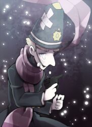 Rule 34 | 1boy, ace attorney, bandages, blonde hair, blue eyes, coat, green coat, green hat, gun, hat, holding, long sleeves, male focus, minashirazu, mouth hold, patrick o&#039;malley, pink scarf, scarf, short hair, sitting, snow, snowing, solo, striped clothes, striped scarf, tears, the great ace attorney, weapon