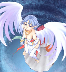 Rule 34 | 1girl, anklet, bad feet, barefoot, blue hair, breasts, bridal gauntlets, bridal legwear, cleavage, commentary request, dress, elbow gloves, feet, filia (star ocean), floating, forehead jewel, gloves, jewelry, pointy ears, short hair, solo, star ocean, star ocean the second story, touyama sabu, wings