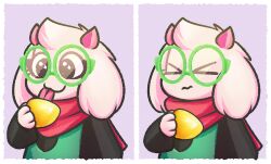 Rule 34 | 1boy, absurdres, black eyes, closed mouth, deltarune, food, fruit, furry, furry male, glasses, green-framed eyewear, highres, holding, holding food, itsgerdew, lemon, long sleeves, ralsei, red scarf, round eyewear, scarf, solo, sour (taste), tongue, tongue out