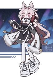 Rule 34 | 1girl, animal ear fluff, animal ears, arknights, aurora, black dress, book, breasts, cleavage, coat, commentary, commission, cup, dress, earmuffs, fish bone, fur-trimmed coat, fur trim, highres, holding, holding book, holding cup, letterboxed, long sleeves, looking at viewer, medium breasts, official alternate costume, open book, pantyhose, pink hair, pozyomka (arknights), pozyomka (snowy plains in words) (arknights), rasarasu, shoes, signature, skeb commission, smile, sneakers, solo, tail, white coat, white footwear, white pantyhose, wolf ears, wolf girl, wolf tail